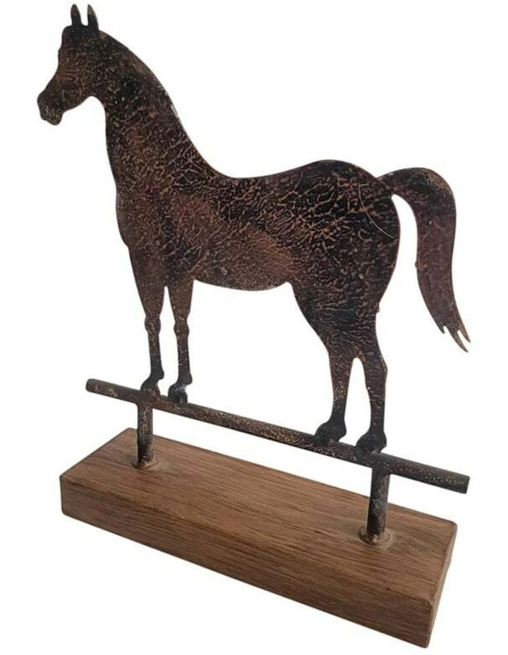 Metal Animal Horse Statue On Base Ornament in Burnt Metal