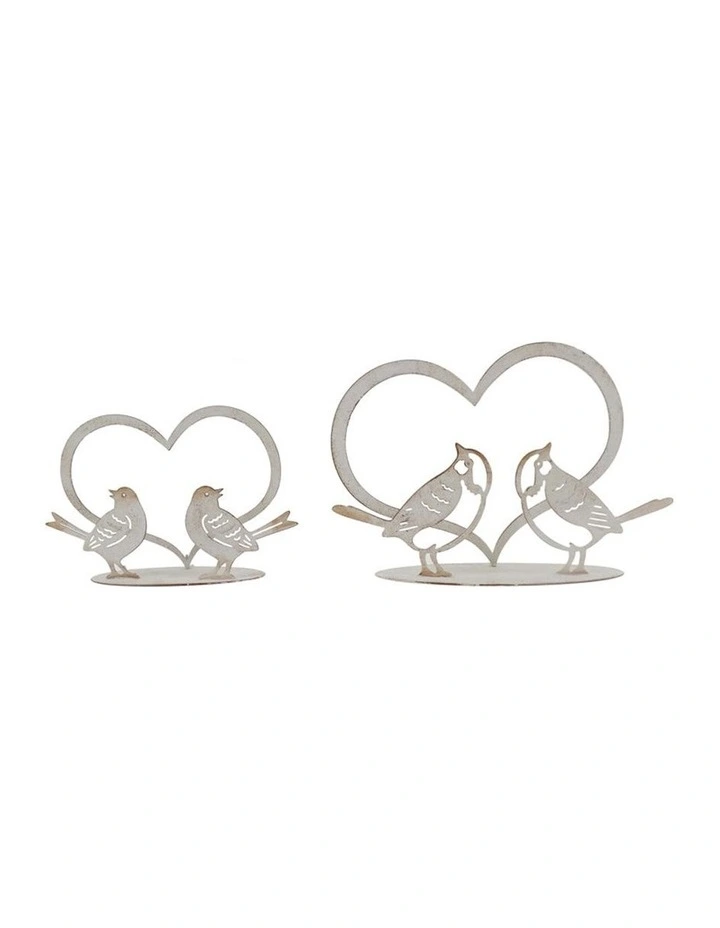 Set of 2 Lovebird Ornaments in Distressed White