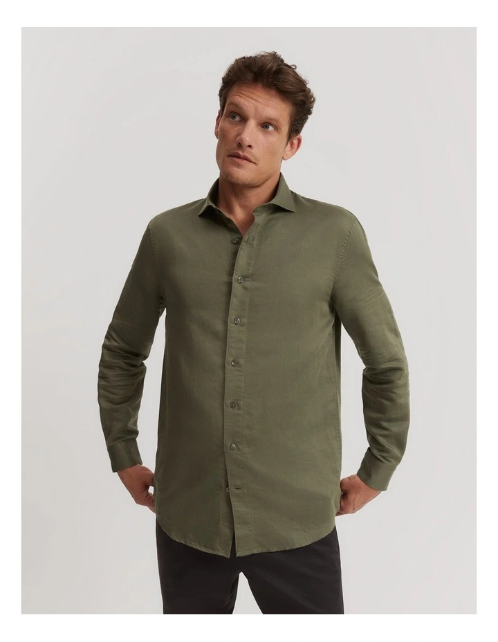 Tailored Fit Cotton Linen Shirt in Fern Green