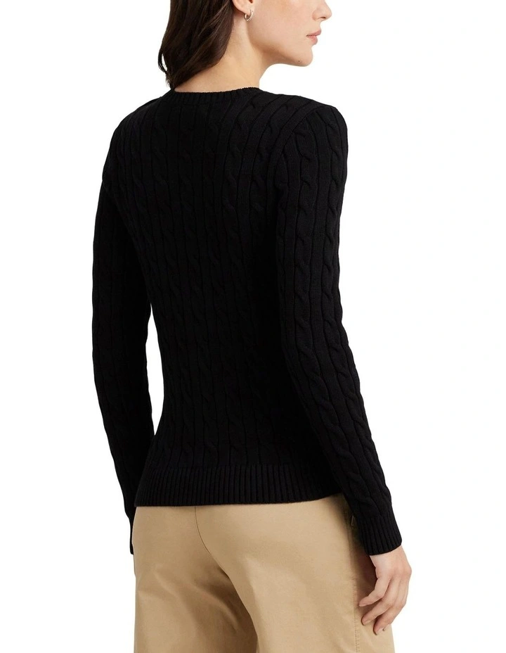 Button-Trim Cable-Knit Cotton Sweater in Black
