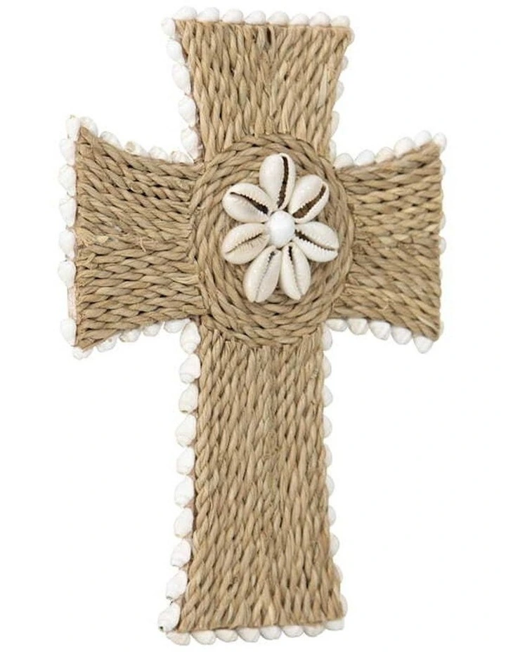Handcrafted Shell and Broad Weave Cross Wall Art in Brown