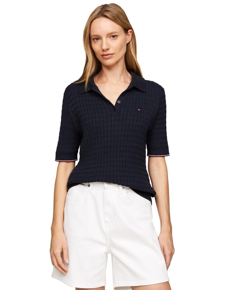 Cable Knit Slim Short Sleeve Polo Jumper in Blue