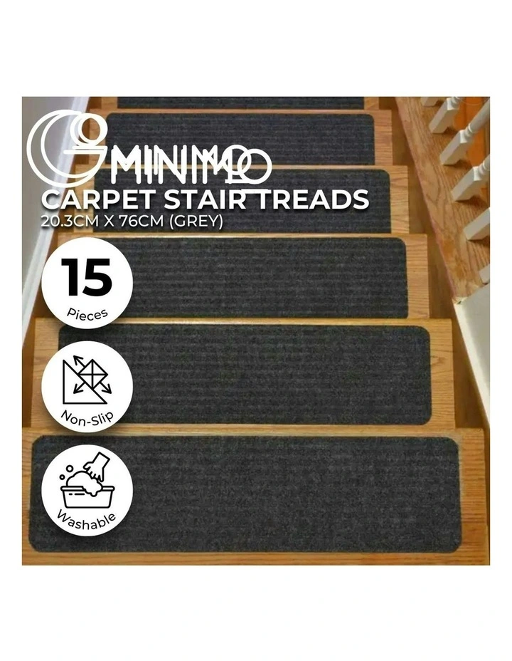 Carpet Stair Treads Non-Skid Slip Safety Rug Washable 15 Pack in Grey