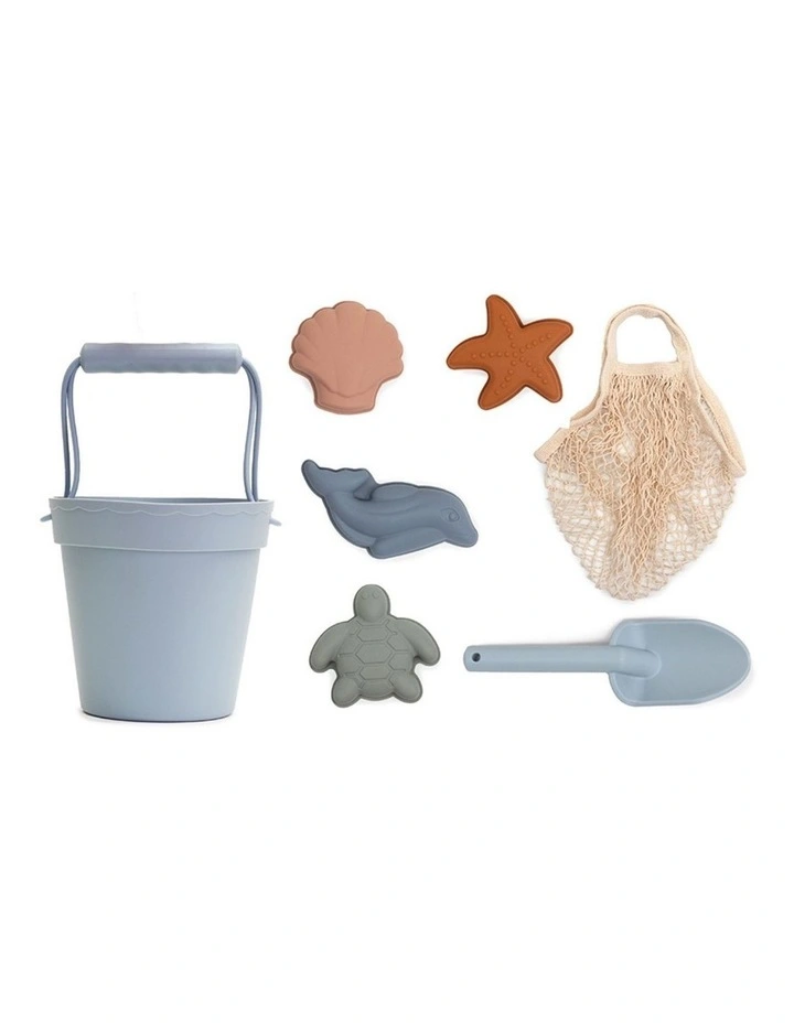 Silicone Beach Toys Bucket, Spade & Mould Set with Cotton Mesh Tote