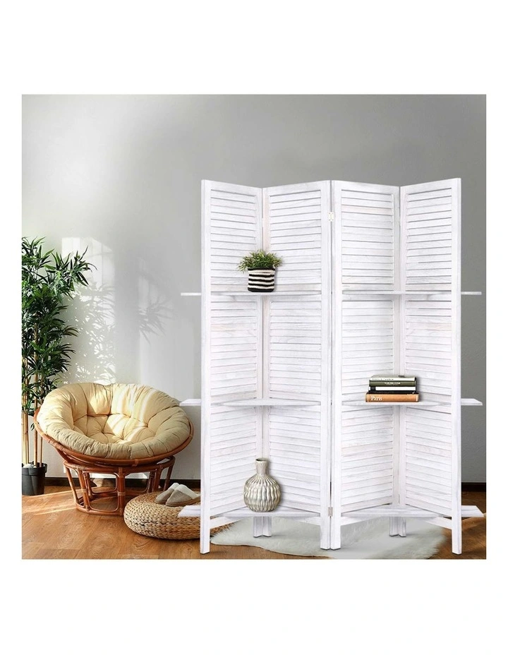 4 Panel Room Divider Screen 163x170cm Shelf in White