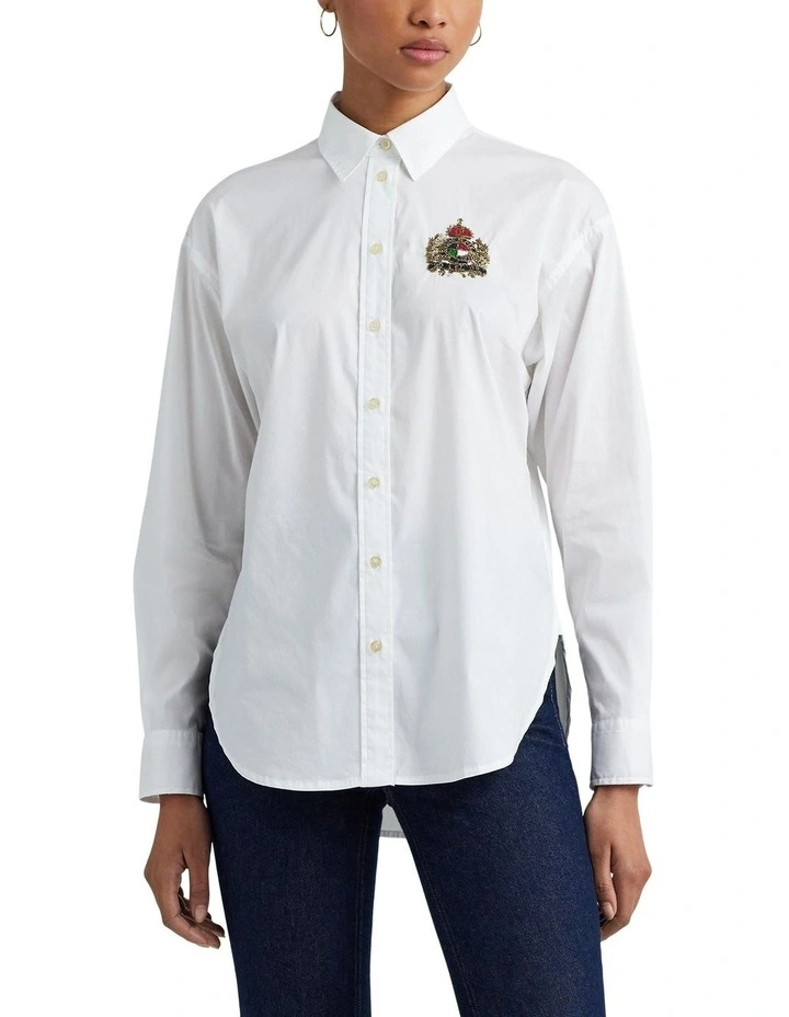Beaded-Crest Stretch-Cotton Blend Shirt in White