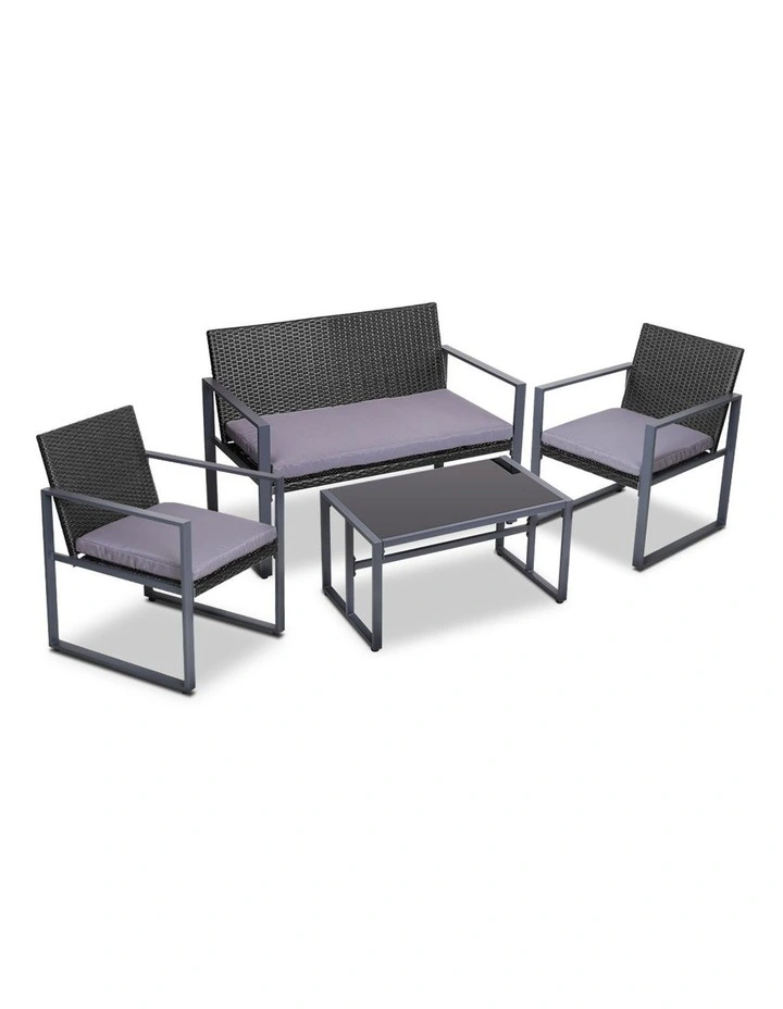 Outdoor Sofa Set Rattan Furniture Glass Top Table Chairs 4 PCS in Black