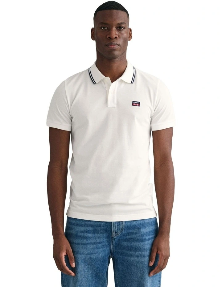 Striped Contrast Collar Polo Shirt in Eggshell
