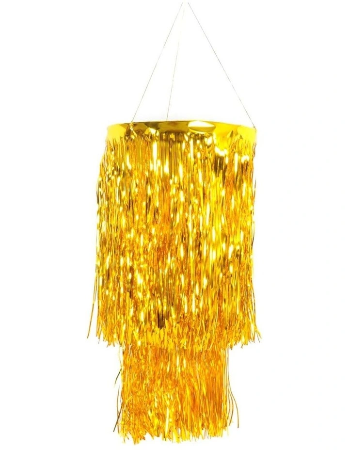 2 Tier Foil Metallic Tinsel Hanging Chandelier in Gold
