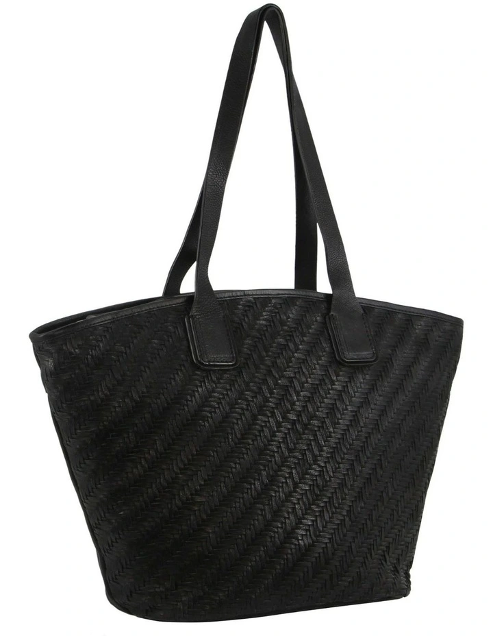 Woven Embossed Leather Shoulder Bag in Black