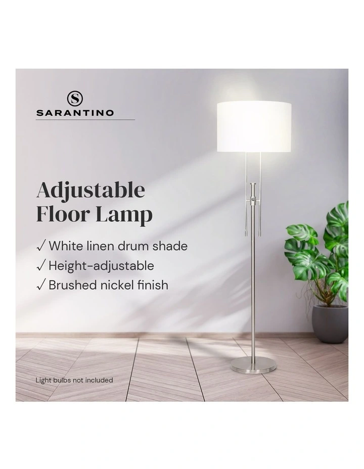 Metal Height-Adjustable Floor Lamp with Drum Shade Nickel