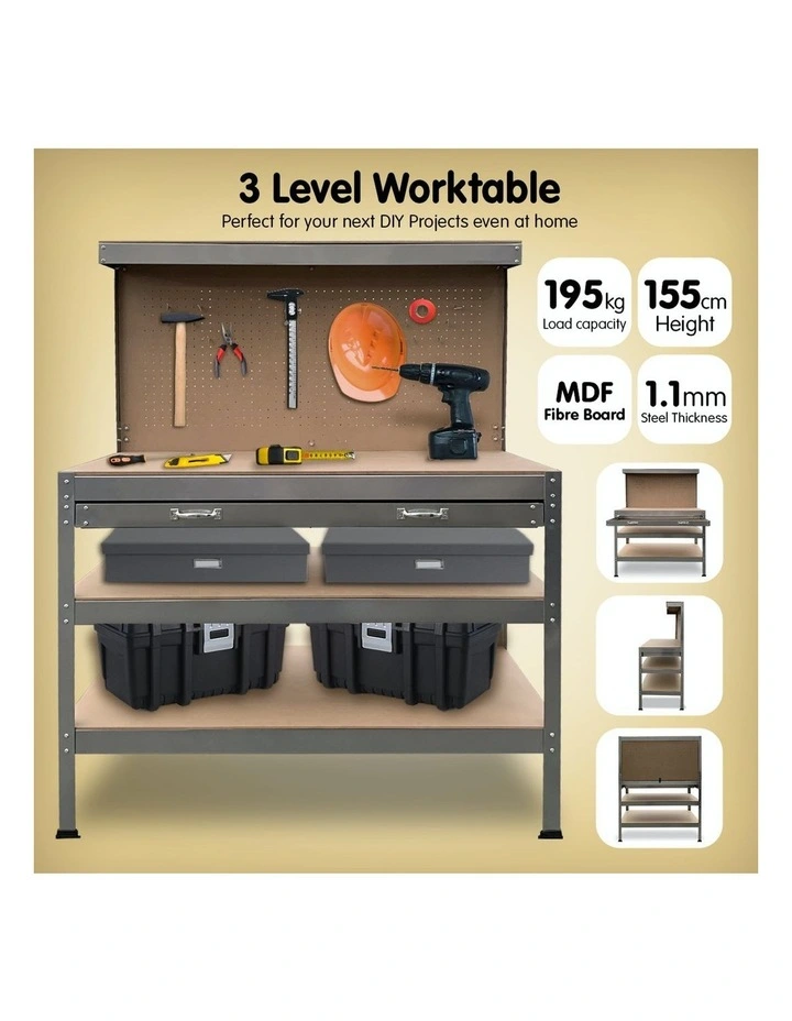 3-layer Steel Work Bench Garage Storage Table Tool Shelf Pegboard Drawer Silver