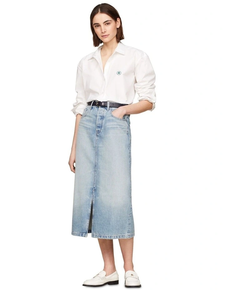 High Rise Straight Faded Denim Midi Skirt in Blue