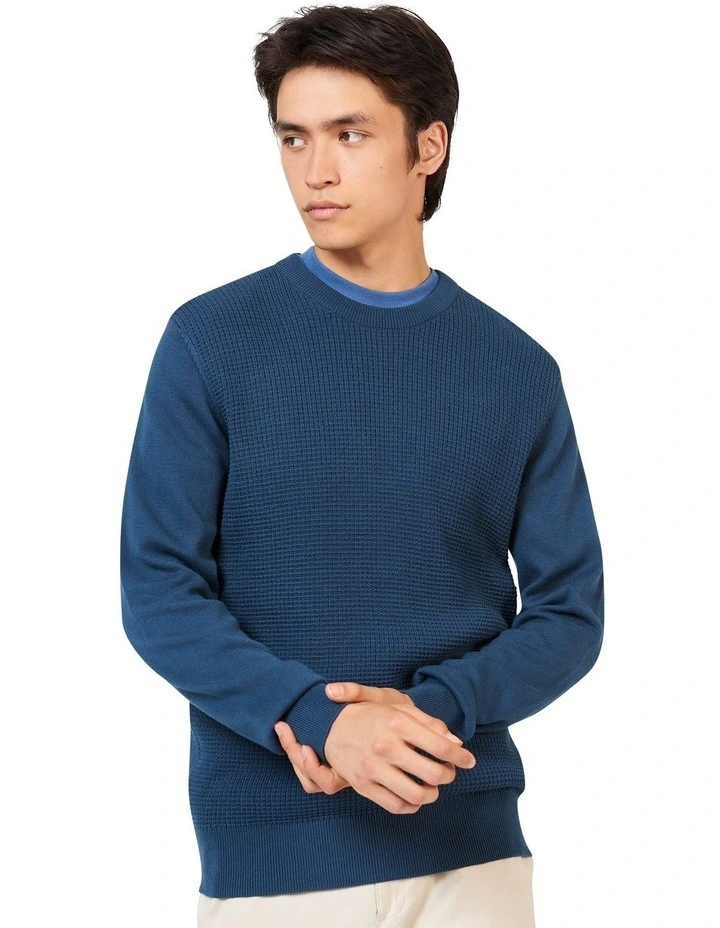 Textured Front Crew Knit Sweater in Blue