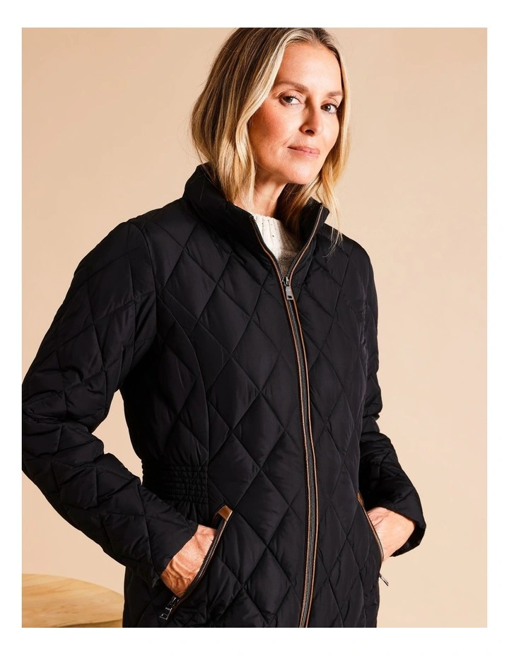 Recycled Polyester Longline Quilted Jacket With PU Trim In Black
