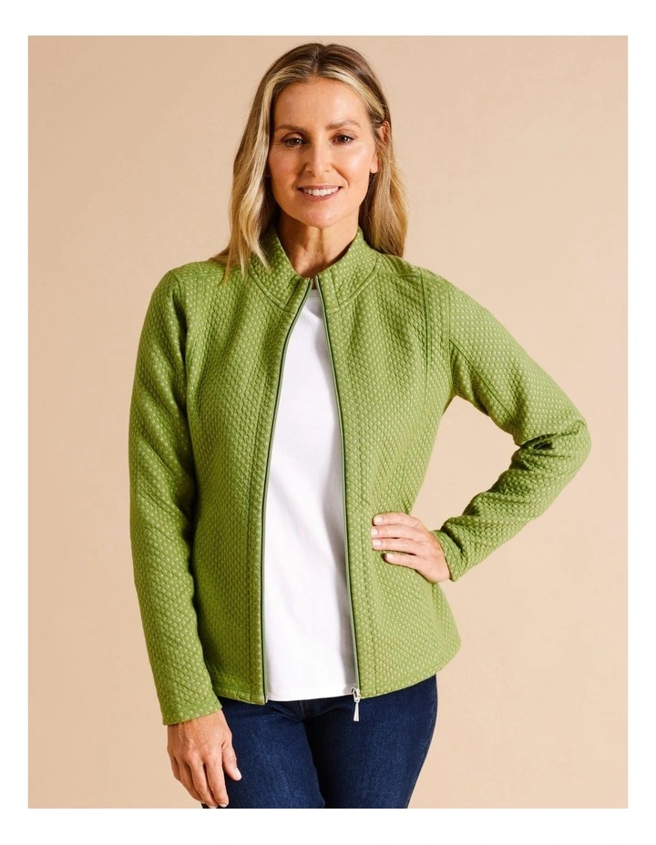 Recycled Polyester Blend Zip Thru Honeycomb Jacquard Sweat Top in Avocado