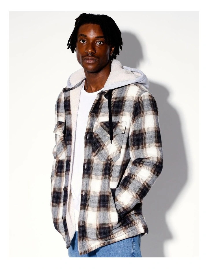Centaur Check 2 in 1 Long Sleeve Hooded Sherpa Overshirt in Beige