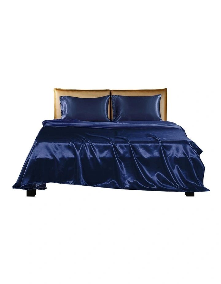 Silky Satin Double Fitted Flat Bed Sheet Set in Blue