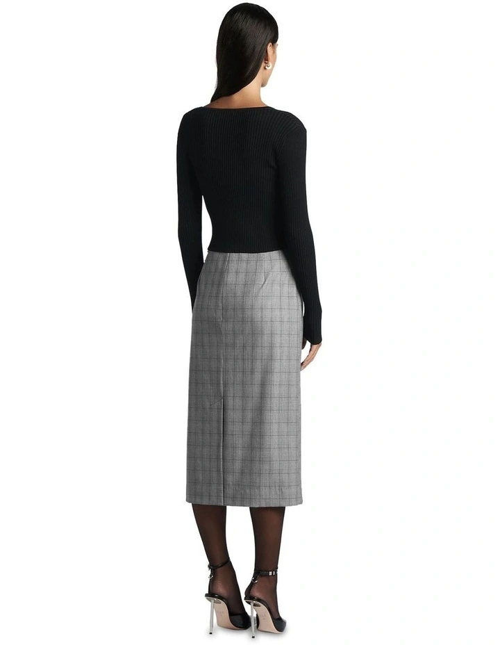 Fine Check Tailored Midi Skirt in Grey