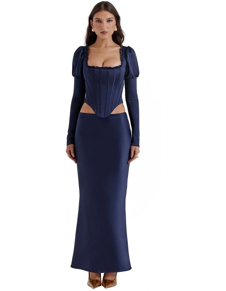 Charlene Satin Bias Cut Maxi Skirt in Navy