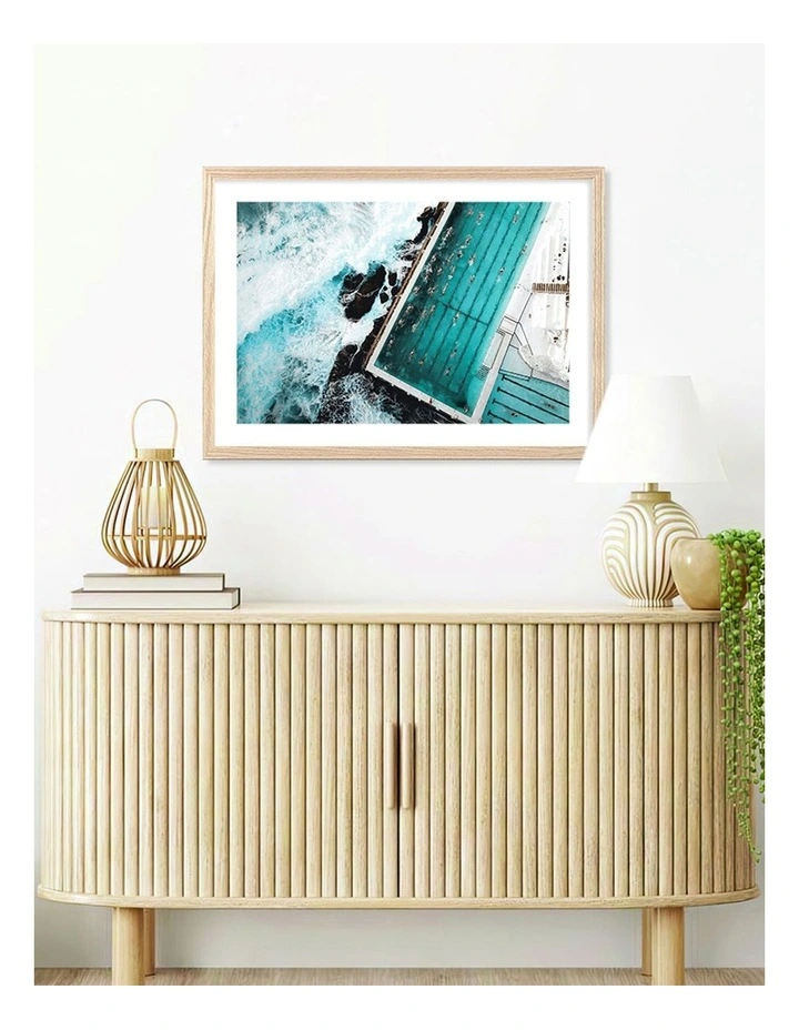 Australian Made Bondi Icebergs Doing Laps Art Print A2 in Natural Frame