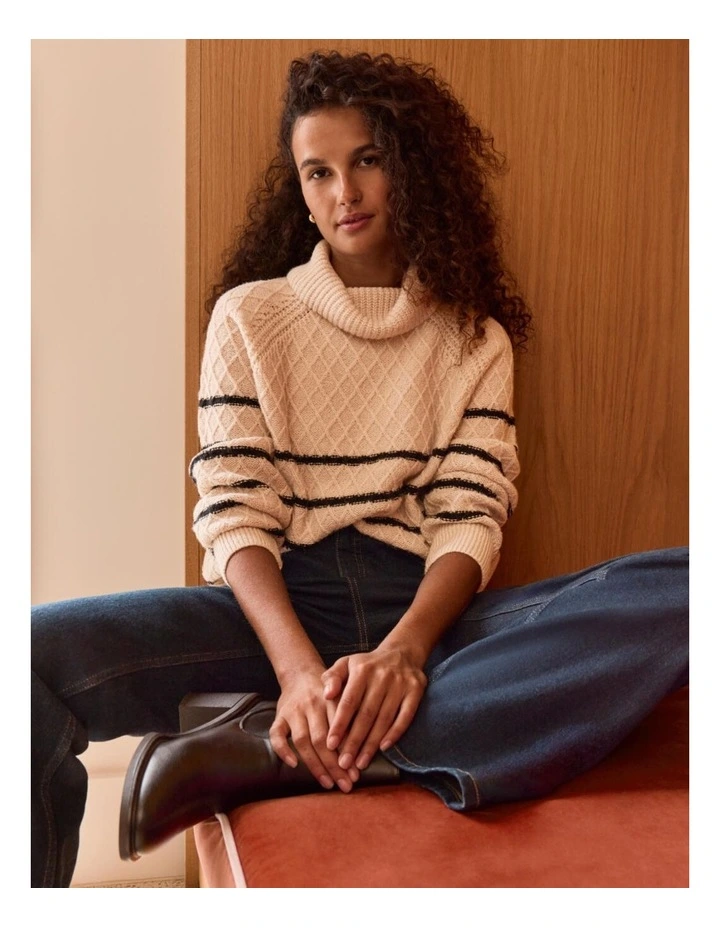 Recycled Blend Roll Neck Cable Stripe Jumper in Black