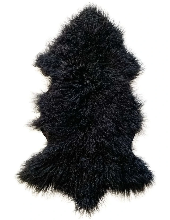 Long Wool Mongolian Sheepskin Rug in Black