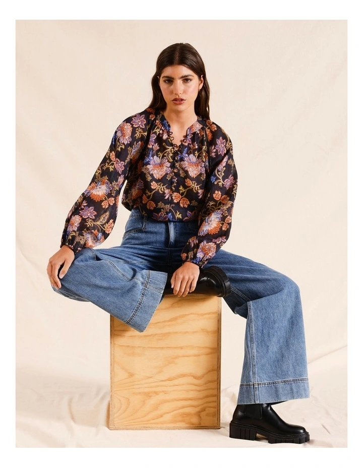 Ramie High Neck Button Blouse in Navy