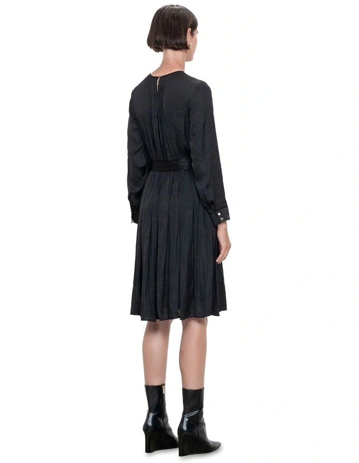 Drapey Satin Gathered Belted Dress in Black
