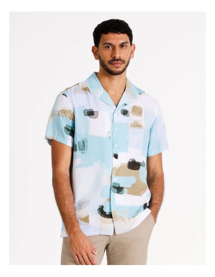 Preston Abstract Print Short Sleeve Viscose Shirt in Blue