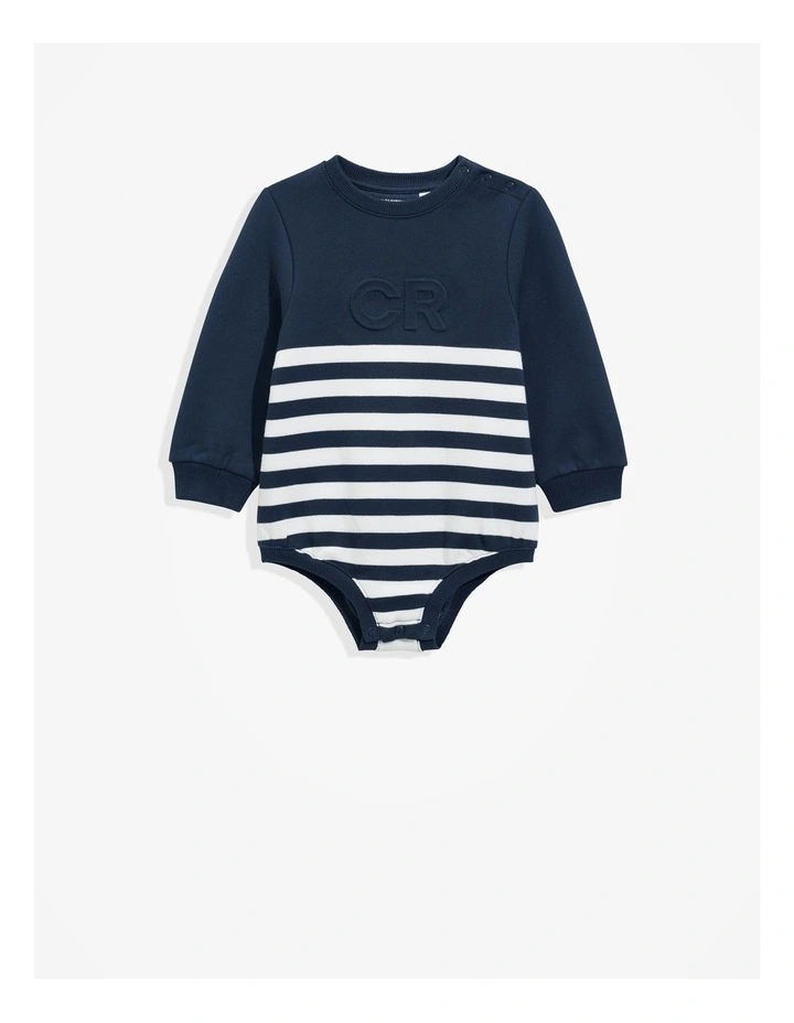 Gots-certified Organic Oversized Logo Long Sleeve Bodysuit in Navy Stripe