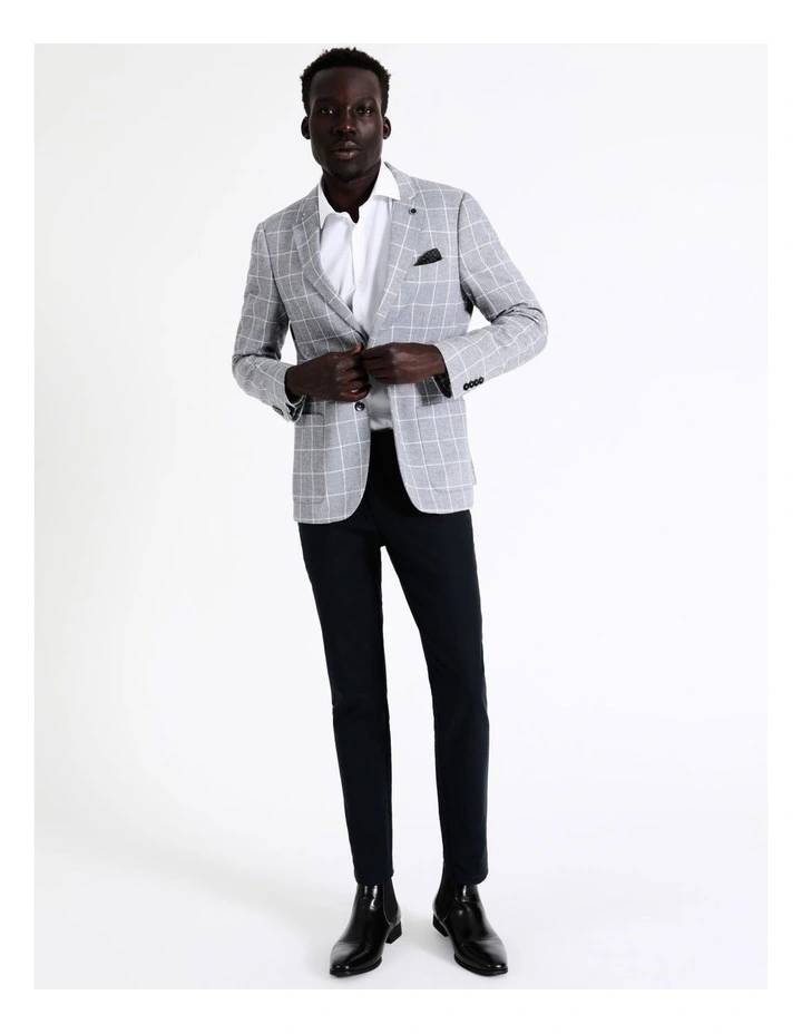 Slim Windowpane Linen Blend Blazer in Grey