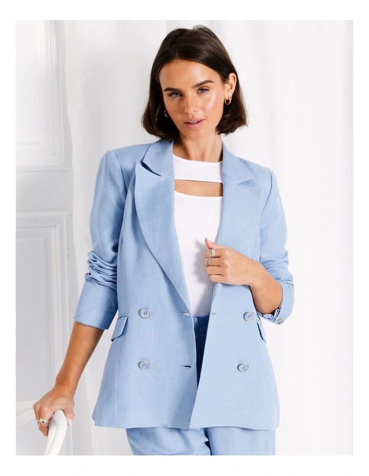 European Linen Blend Double Breasted Blazer in Light Blue