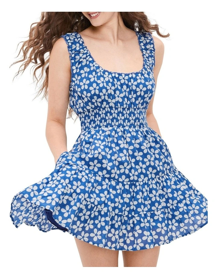 Floral Smocked Waist Tank Mini Dress in Blue