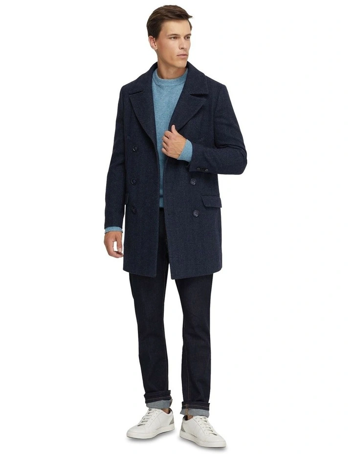Mason Herringbone Wool Rich Coat in Blue