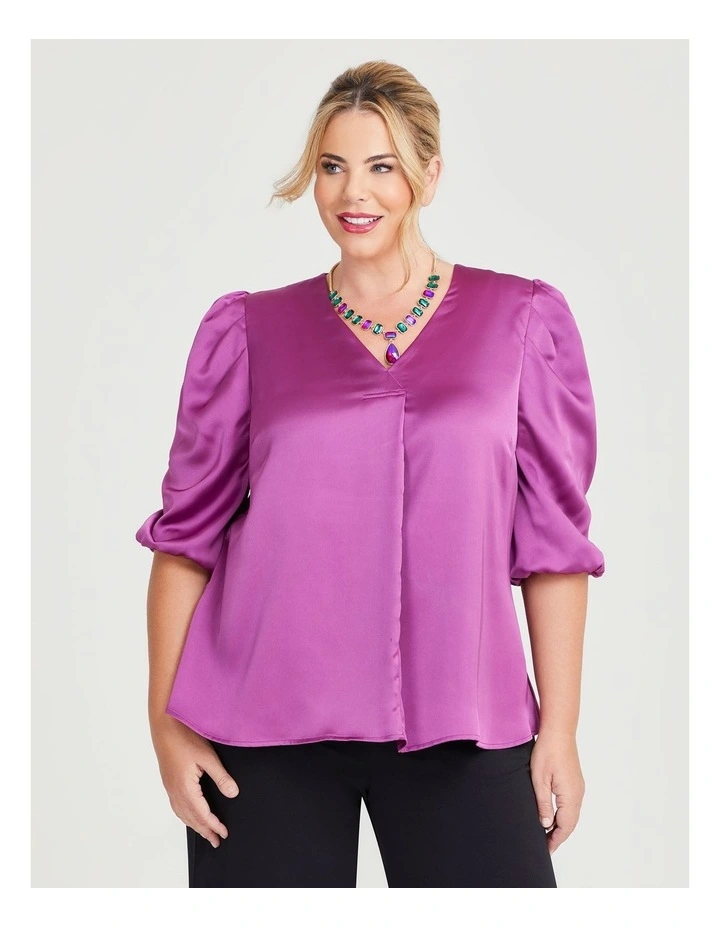 Satin Ruched Sleeve Top in Rose Pink