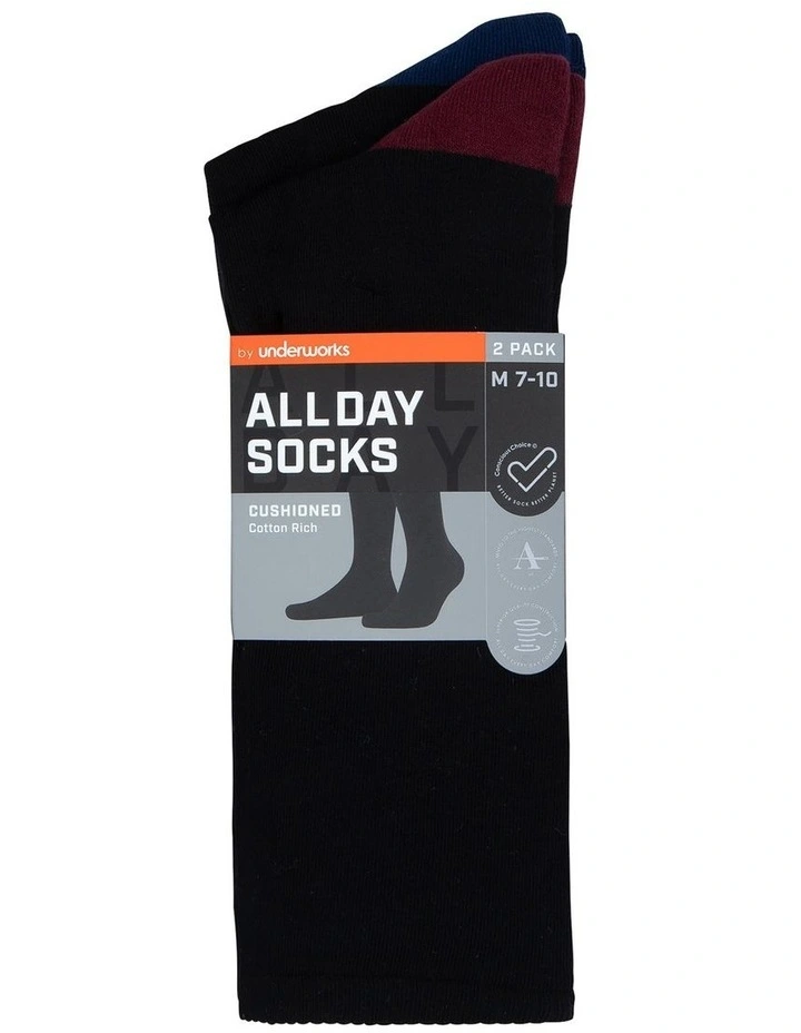 Fine Cotton Cushion Foot Socks 2-Pack in Burgundy/Blue