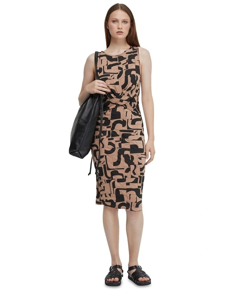 Holly Sleeveless Printed Dress in Mocha/Black