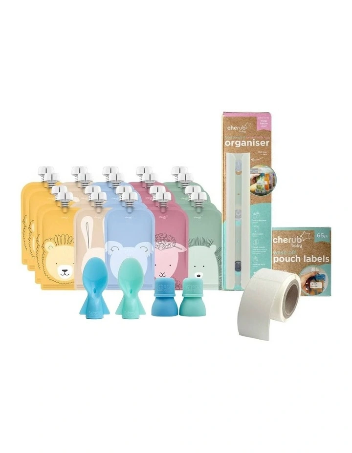 On the Go Reusable Food Pouches Bundle Kit in Cerulean/Sage