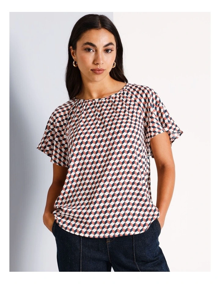 Recycled Polyester Blend Gathered Neck Flutter Sleeve Top in Assorted