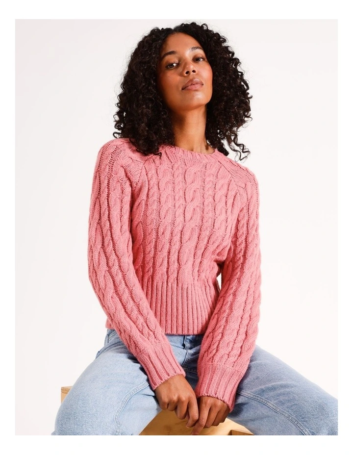 Crew Neck Cable Knit Jumper in Mauveglow