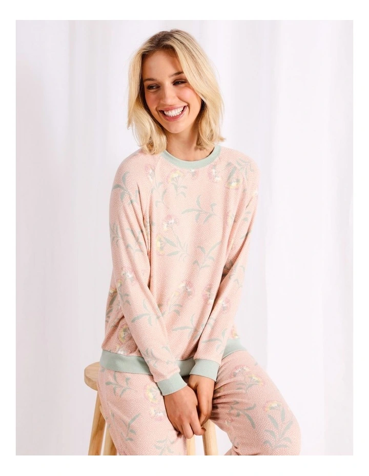 Brushed Knit Long Sleeve Top in Beige Floral