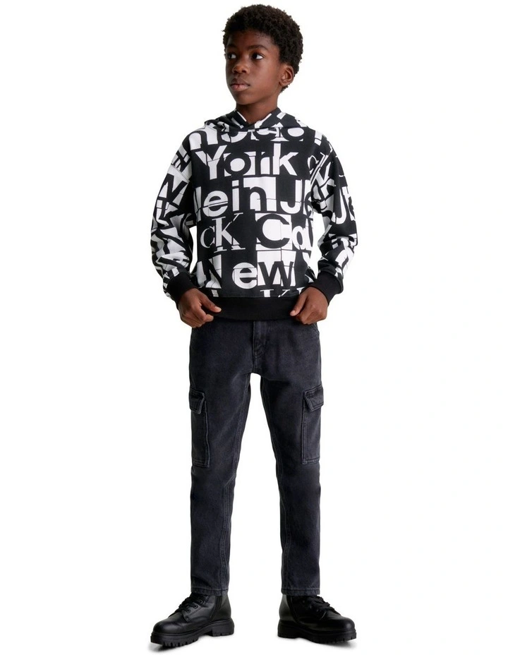 Grid All-Over Print Hoodie in Cut Letter Aop Black