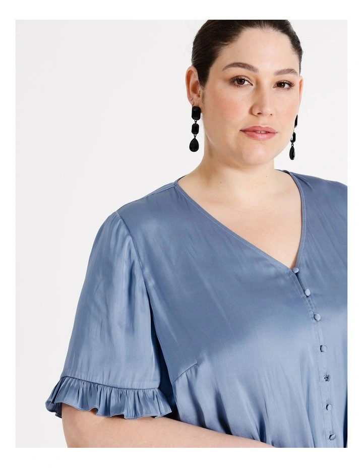 Frill Sleeve Button Front Top in Dusty Blue