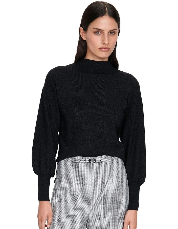 Blouson Sleeve Funnel Neck Knit Top in Black Melange
