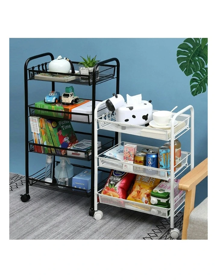 3 Tier Steel Bee Mesh Kitchen Storage Organizer with Wheels in Black