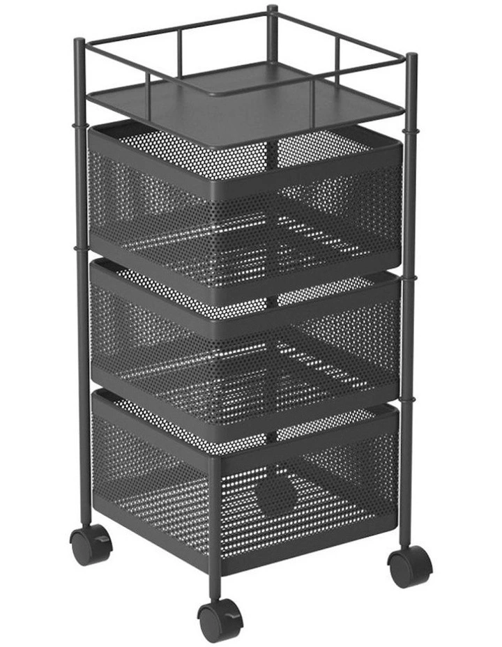 3 Tier Steel Square Rotating Kitchen Storage Organizer with Wheels in Black