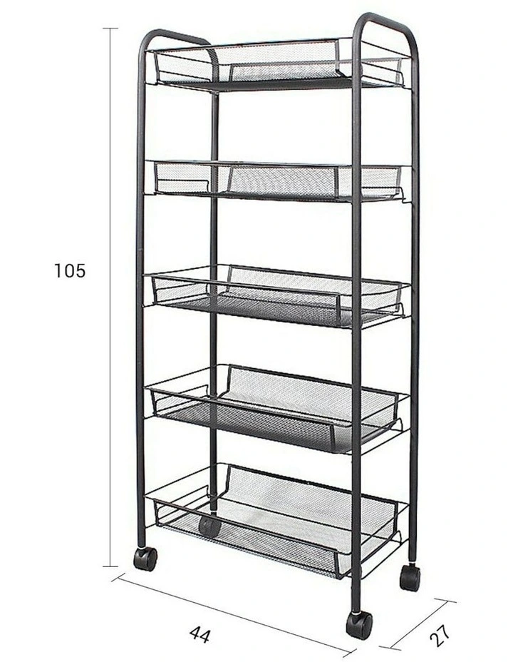 5 Tier Steel Bee Mesh Kitchen Storage Organizer with Wheels in Black