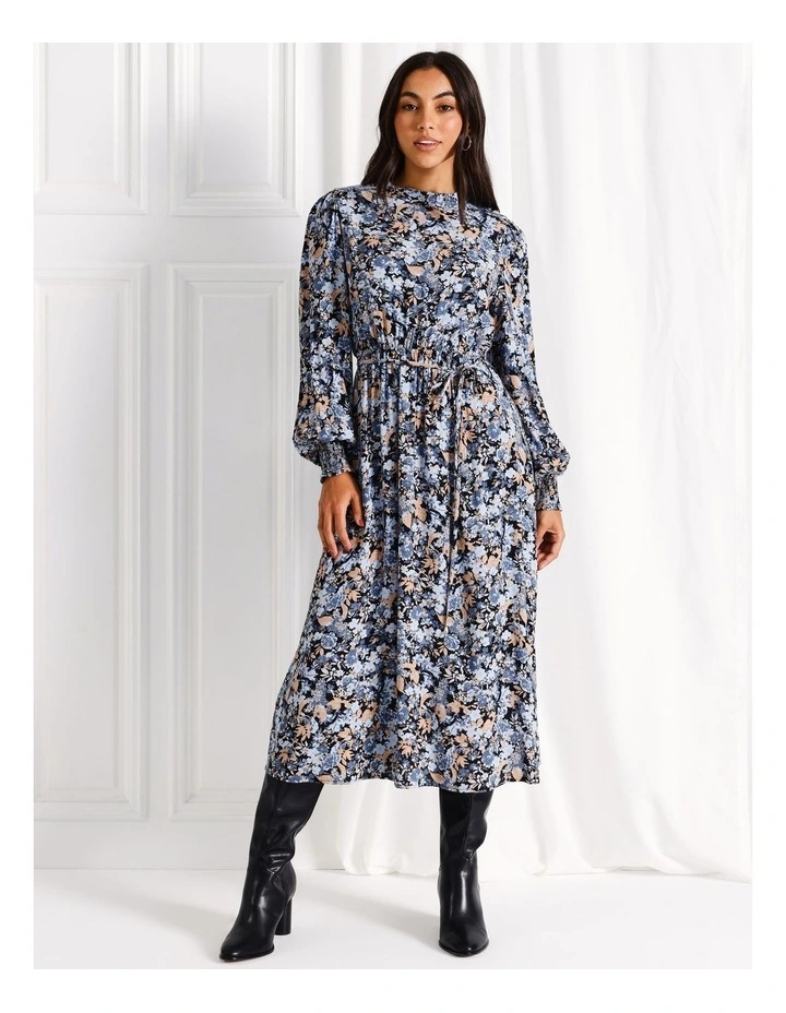 Long Sleeve Shirred Cuff Midi Dress in Light Blue