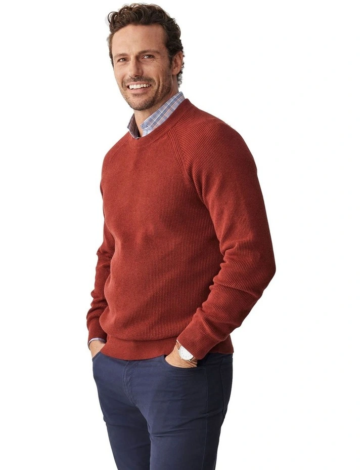 Cotton Raglan Crew Knit Sweater in Wine